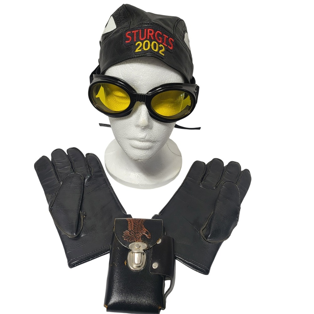 Sturgis 2002 Black Leather Flame Do-Rag Goggles Gloves Eagle Pouch Biker Set